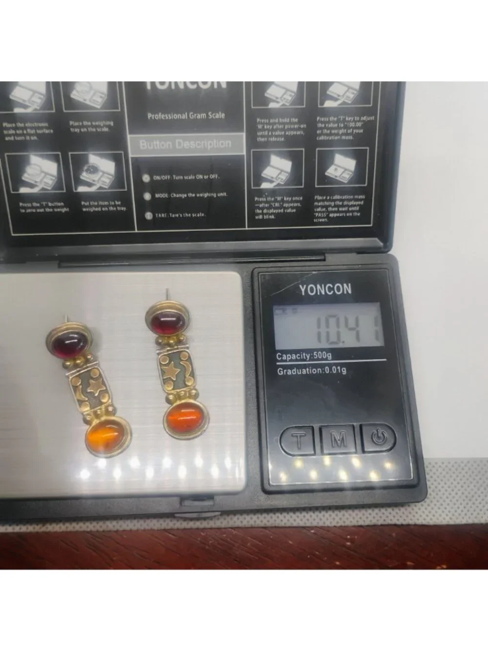 Celestial Moon Stars 925 Sterling Silver Mixed Metal Earrings w/Amber & Garnet